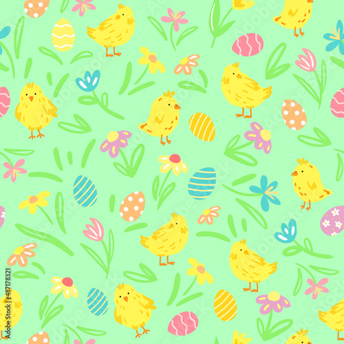 Easter seamless pattern with cute chikens, easter eggs and spring flowers 