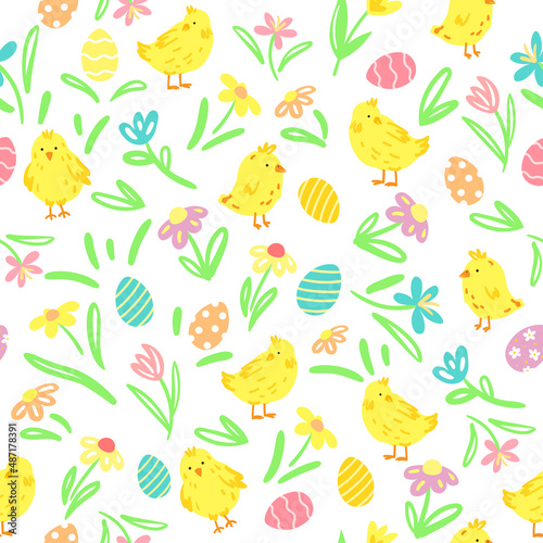 Easter seamless pattern with cute chikens  easter eggs and spring flowers