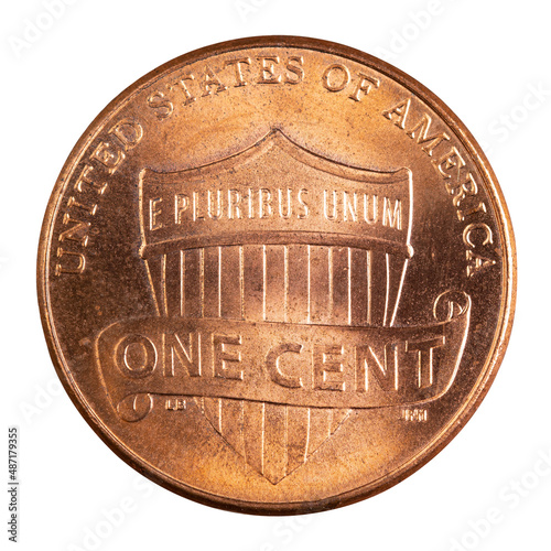 One Cent coin. Money United States of America. E Pluribus Unum. American cash. Financial marketplaces. US Bank. Metallic copper circle coin. High quality macro photo. Isolated white background. photo