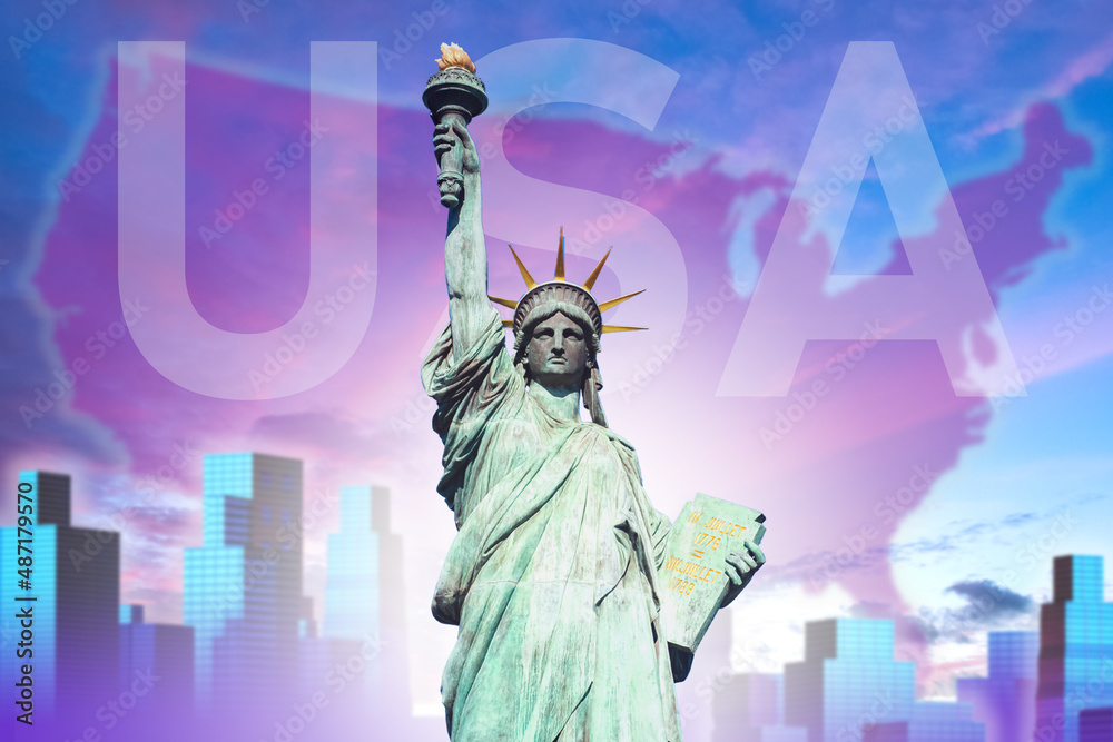 Fototapeta premium Statue of Liberty USA. Symbols of America next to skyscrapers. USA logo on background of sky. Statue with Declaration of Independence of United States. Background wallpaper United States of America
