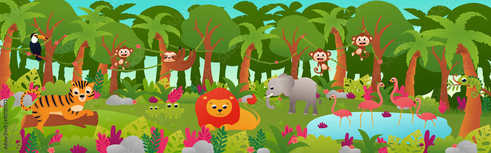 Obraz premium Tropical jungle forest landscape with cute animals, web banner with lion, flamingos and tiger laying on wood trunk in cartoon style, zoo poster, horizontal rainforest with flowers and pond