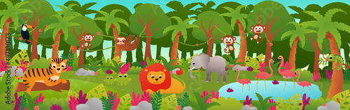 Tropical jungle forest landscape with cute animals, web banner with lion, flamingos and tiger laying on wood trunk in cartoon style, zoo poster, horizontal rainforest with flowers and pond