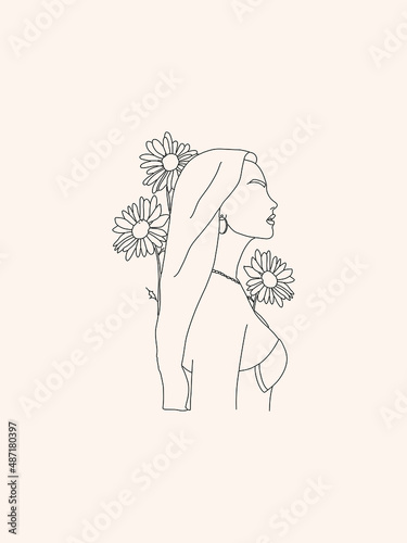 Woman portrait with floral elements in trendy line art style. Fashion illustration for print, poster, cover, banner, wall art, logo, tattoo.