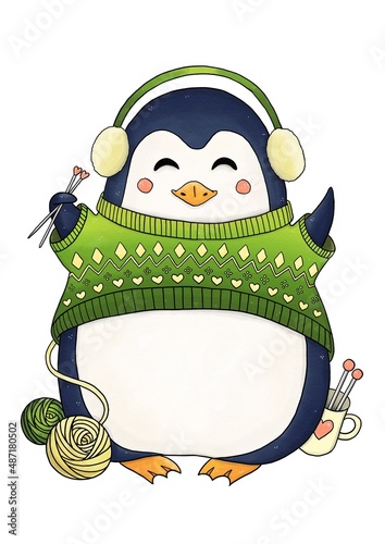 Cute penguin in green sweater with knitting