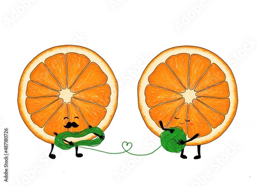 Two oranges with skein and ball of yarn