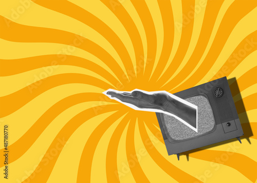 A hand holds an empty space.Old TV on a yellow psychedelic background. retro art collage.
