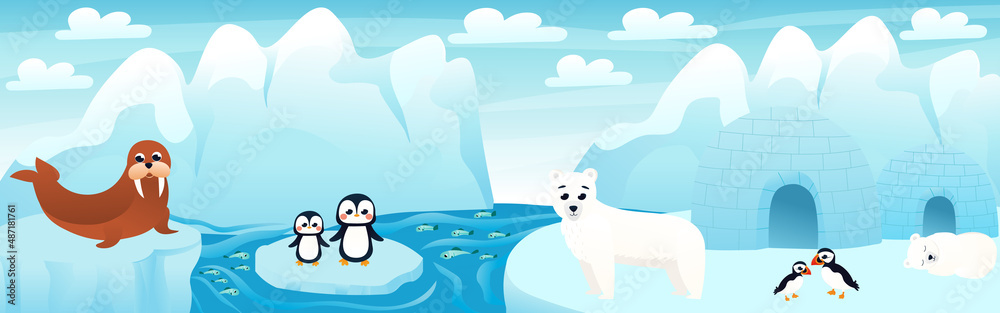 Obraz premium Polar landscape with cute cartoon animals with fish and iceberg, arctic scene with polar bear and penguins, arctic puffins, seal sitting on snow, horizontal zoo poster