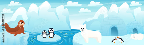 Polar landscape with cute cartoon animals with fish and iceberg, arctic scene with polar bear and penguins, arctic puffins, seal sitting on snow, horizontal zoo poster