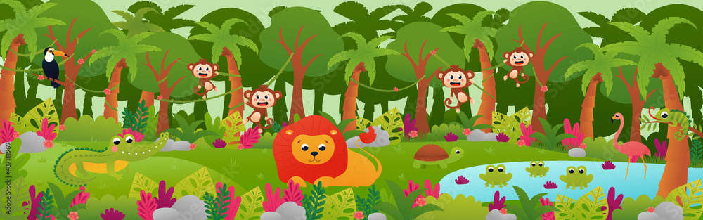 Fototapeta premium Tropical jungle forest landscape with cute animals, web banner with lion, monkeys and toucan in cartoon style, zoo poster, horizontal rainforest with flowers and pond