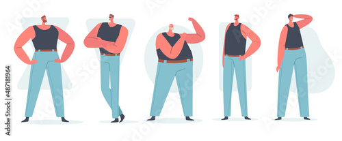 Set of Men Body Figure Types, Male Characters Hourglass, Inverted Triangle, Round, Rectangle and Pear Shapes