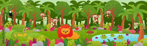 Fototapeta Naklejka Na Ścianę i Meble -  Tropical jungle forest landscape with cute animals, web banner with lion, monkeys and toucan in cartoon style, zoo poster, horizontal rainforest with flowers and pond
