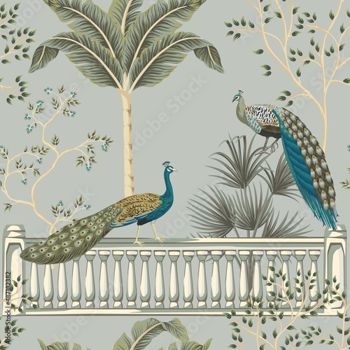 Park vintage Italian landscape, gallery, peacock, palm trees floral seamless pattern grey background. Garden botanical wallpaper.