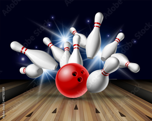 Fotografiet Red Bowling Ball crashing into the pins on bowling alley line