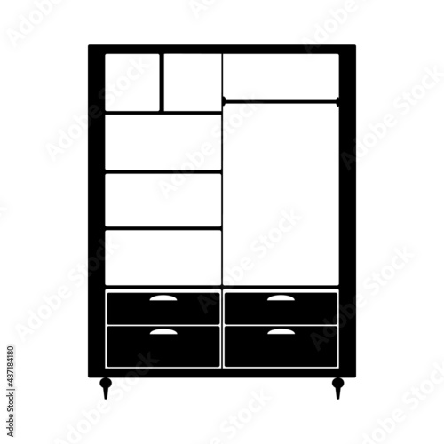 Closet icon isolated on white background. Wardrobe silhouette. Dresser pictogram. Cloakroom furniture. Room interior. Cabinet store, shop, promotions, advertisement design element. Vector illustration