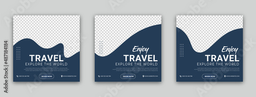 Travel agency social media post template design. Set of web banner, flyer or poster for travel agency. Digital advertising banner promotion.
