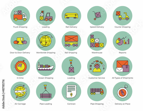 Set of logistics icons with blue background. Door to door delivery, in time, customer service, pipes delivery, loading, truck, rail, vessel, air delivery, worlwide, report, etc. Vector flat icons