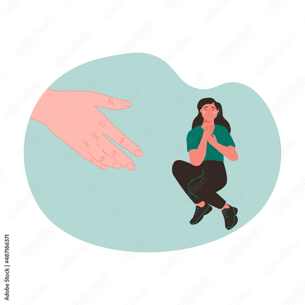 Psychotherapy psychological support concept. Young sad depressed woman sitting getting help and cure from stress feeling lonely and unhappy vector illustration
