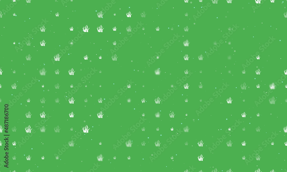 Seamless background pattern of evenly spaced white seaweed symbols of different sizes and opacity. Vector illustration on green background with stars