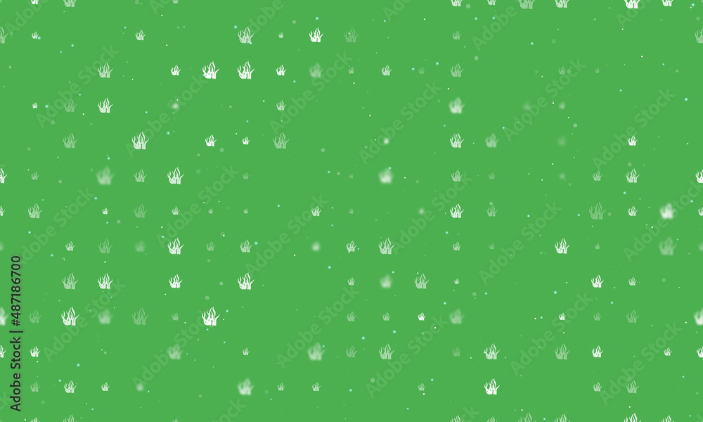 Seamless background pattern of evenly spaced white seaweed symbols of different sizes and opacity. Vector illustration on green background with stars Seamless background pattern of evenly spaced white seaweed symbols of different sizes and opacity. Vector illustration on green background with stars