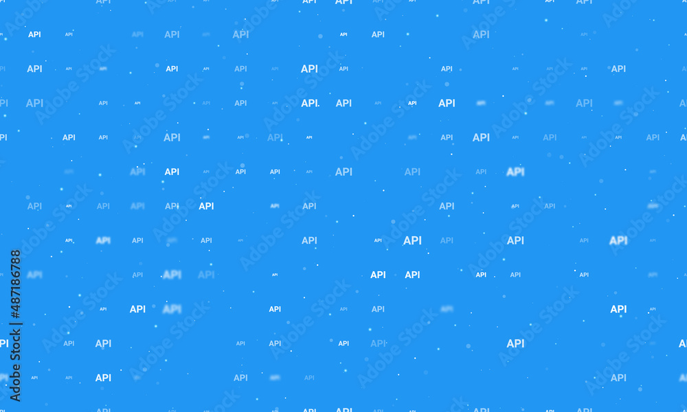 Seamless background pattern of evenly spaced white api symbols of different sizes and opacity. Vector illustration on blue background with stars