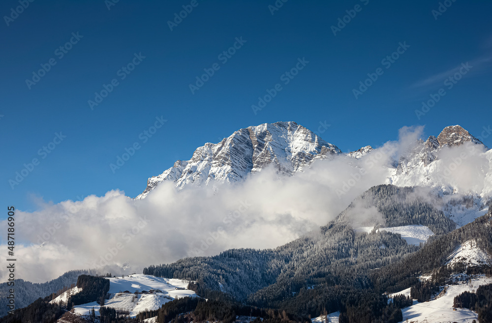 snow coverd summits of mountains of the Austrian Alps in the region of Saalfelden in the county of Zell am See in Salzburger Land in Austria
