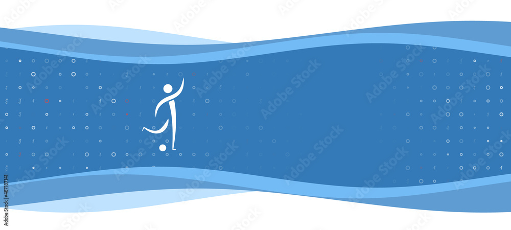 Blue wavy banner with a white football soccer symbol on the left. On the background there are small white shapes, some are highlighted in red. There is an empty space for text on the right side Blue wavy banner with a white football soccer symbol on the left. On the background there are small white shapes, some are highlighted in red. There is an empty space for text on the right side