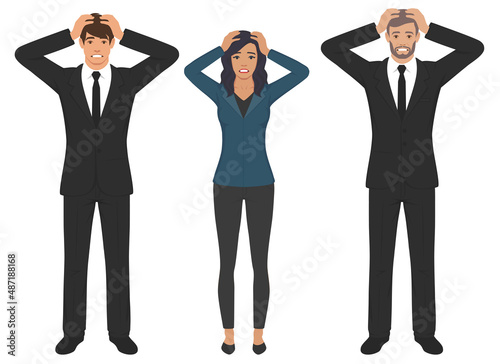 Panic and being scared concept. Group of young people standing touching cheeks faces heads feeling crazy afraid panic vector illustration