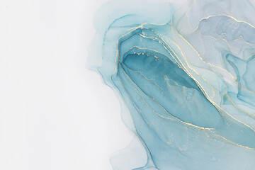 Abstract alcohol ink painting texture in blue azure tones with golden splashes