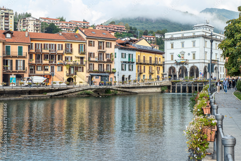 The beautiful Omegna, with splendid buildings that are reflected on Lake Orta