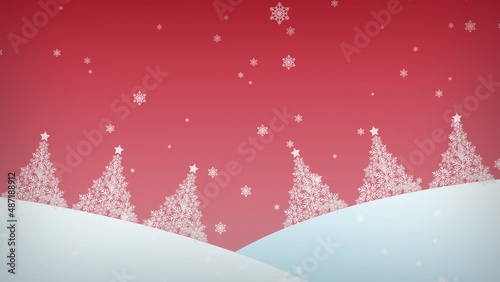 Winter snowfall on a red background. Merry Christmas and Happy New Year concept. 3d rendering