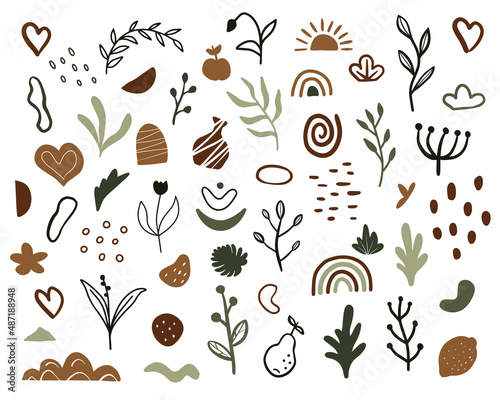 Set of abstract Boho elements. Collection of various minimalistic natural forms of pastel colors. Color vector illustration. White isolated background.