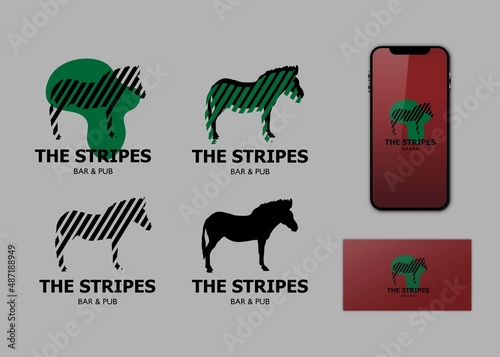 Conceptual minimalistic zebra logo, black and green stripes colored isolated on transparent background, brand identity logotype visualization on mobile app and business card