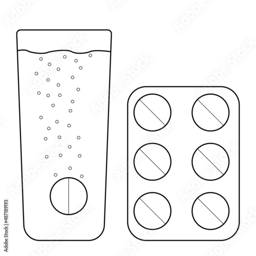 Hand drawn effervescent pills. Painkiller soluble in a glass of water.