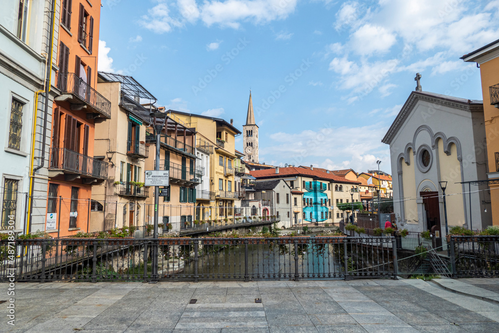 The historic center of Omegna with beautiful buildings near the river