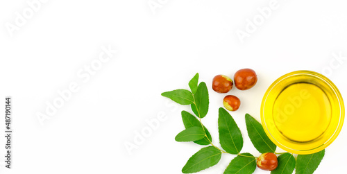 Fresh ripe jojoba fruit and jojoba oil in bowl on white background, banner photo