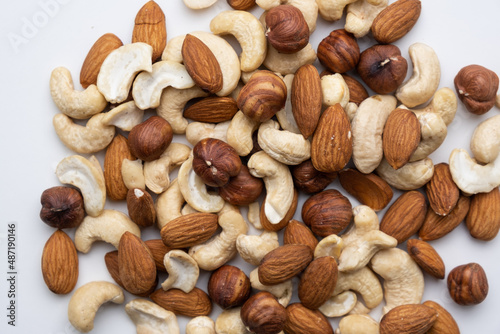 Various nuts on a white background close-up.