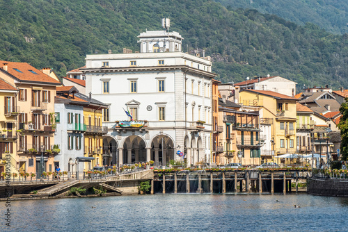 The beautiful Omegna, with splendid buildings that are reflected on Lake Orta