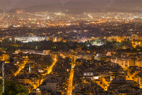 Panorama, night cityscape with street lights in Europe, Greece, Athens