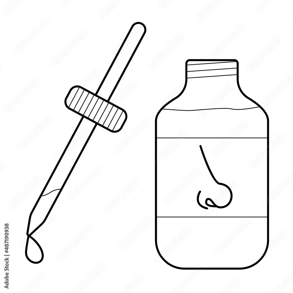 Hand drawn image of a pipette and a jar with nose drops. Remedy for a runny nose Hand drawn image of a pipette and a jar with nose drops. Remedy for a runny nose
