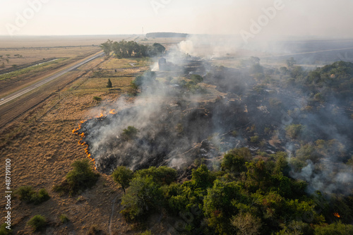 Corrientes, Argentina - february 2022: Aerial photography from a drone of the forest fires in the province of Corrientes, Argentina, in 2022