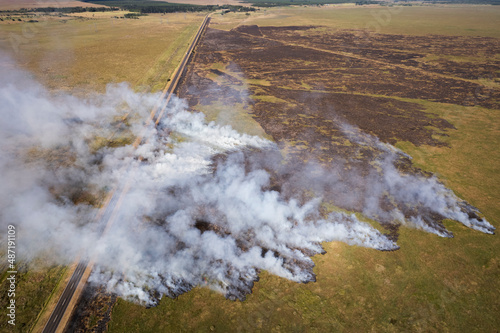Corrientes, Argentina - february 2022: Aerial photography from a drone of the forest fires in the province of Corrientes, Argentina, in 2022