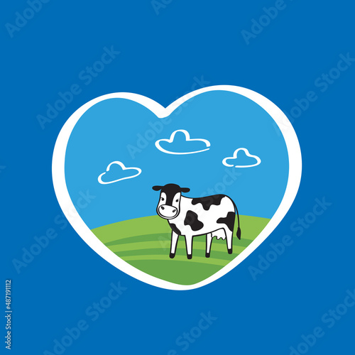 Dairy cow standing on the ground against the background of fields. Label of dairy products, emblem, logo design. Vector illustration.
