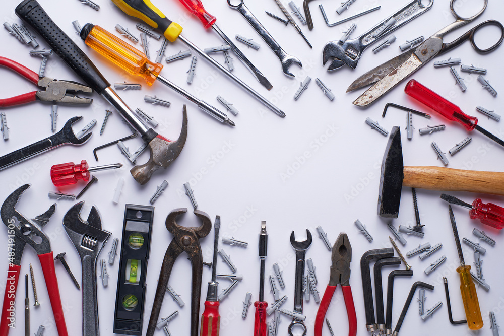 Variety of tools on white background Variety of tools on white background