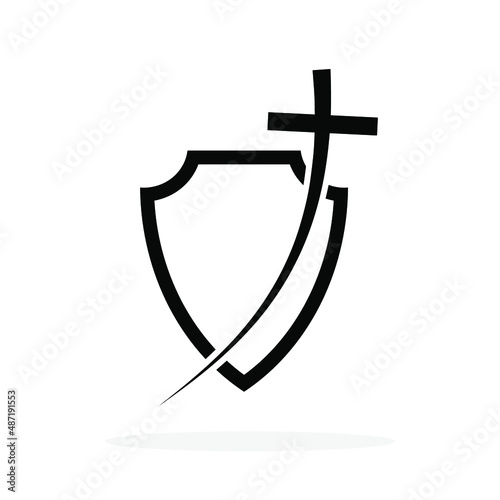 Christian cross icon in shield shape. Abstract religious symbol. Vector illustration. Security concept
