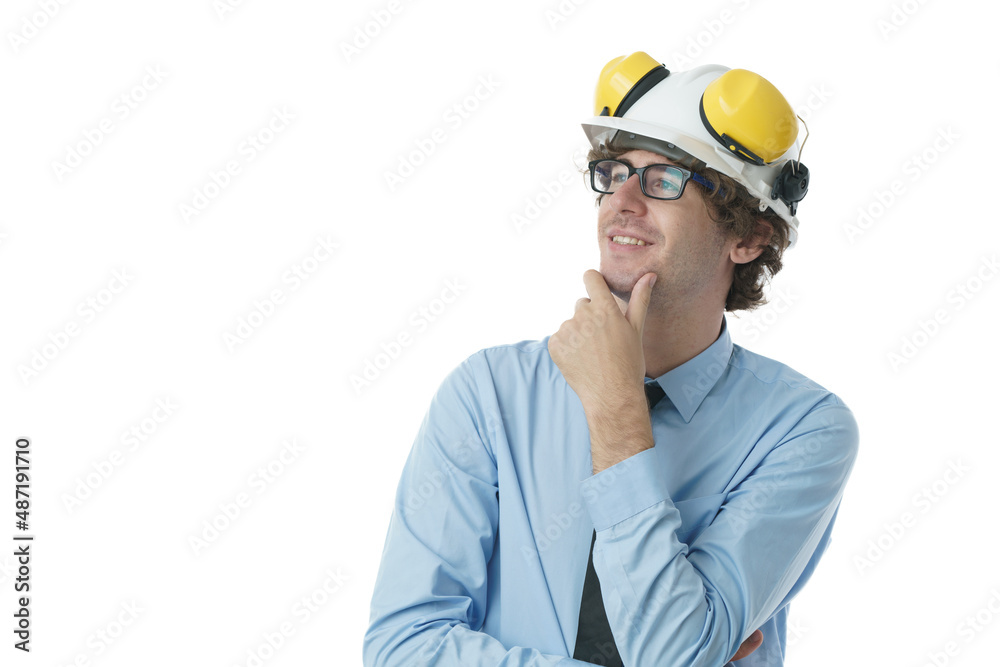 Engineer man wearing hard hat looking at the copy space at the left frame.
