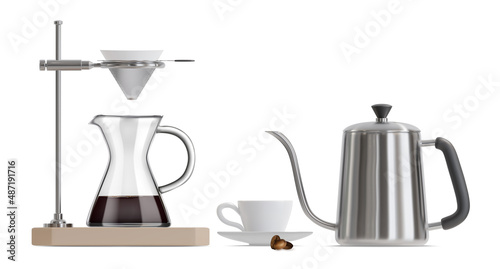 Realistic Detailed 3d Coffee Brewing Gadgets Set Include of Glass Pour-over Drip Kettle and Cup. Vector illustration