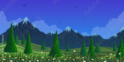 Spring vector landscape. Fir trees among mountains and flowering meadow.