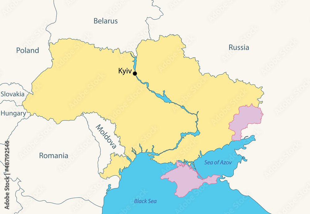 map of Ukraine with occupied territories by Russia - Donbass and Crimea, as on January 2022. Vector illustration