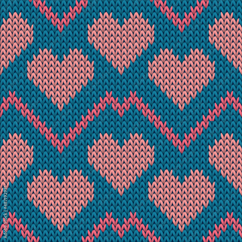 Hygge heart knit scandinavian vector seamless pattern. Knitted texture valentine