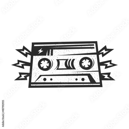 Vintage black and white stylized old audio cassette sign with sound isolated on white background